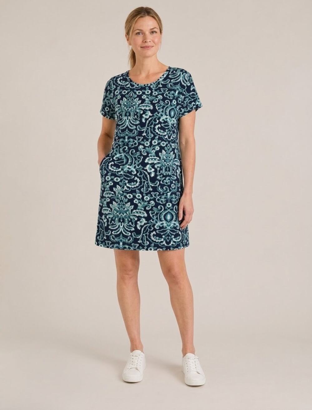 Soft Surroundings Women's Navy Green Damask Print Short Sleeve Mini Dress Size S